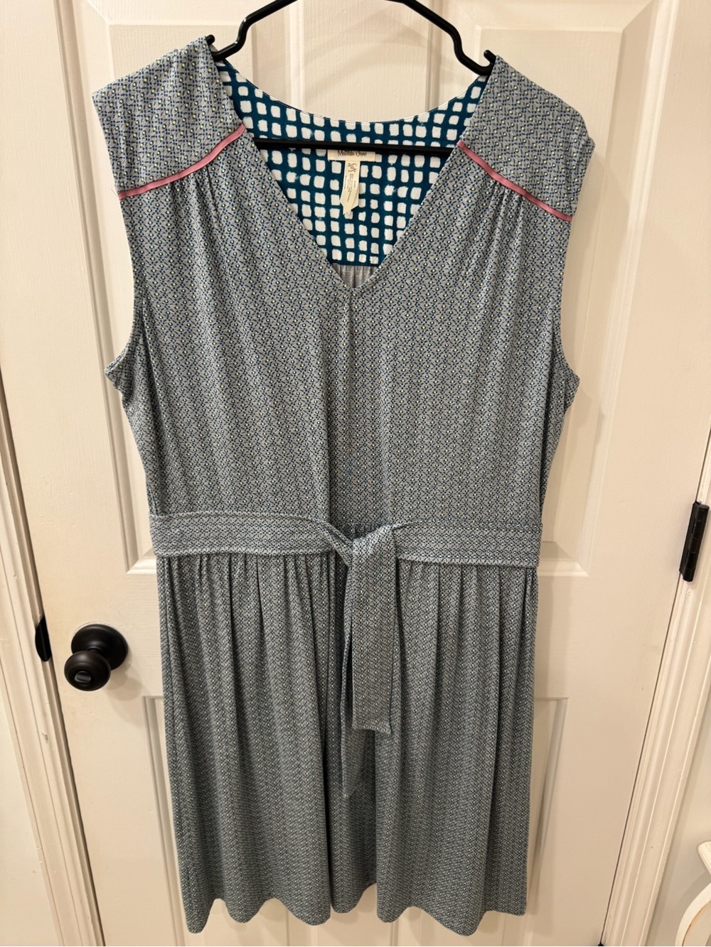 Matilda Jane Light Blue Patterned V-Neck Dress with Pink Trim